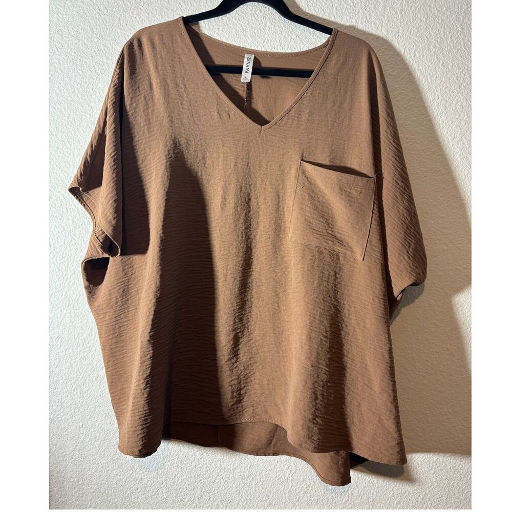 Zenana Women Size L Brown Airflow Crinkle V-Neck Short Sleeve Dolman Sleeves Top